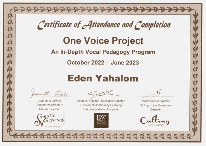 תעודת הסמכה — Somatic Voicework / שיטת LoVetri, Baldwin Wallace University, יוני 2023